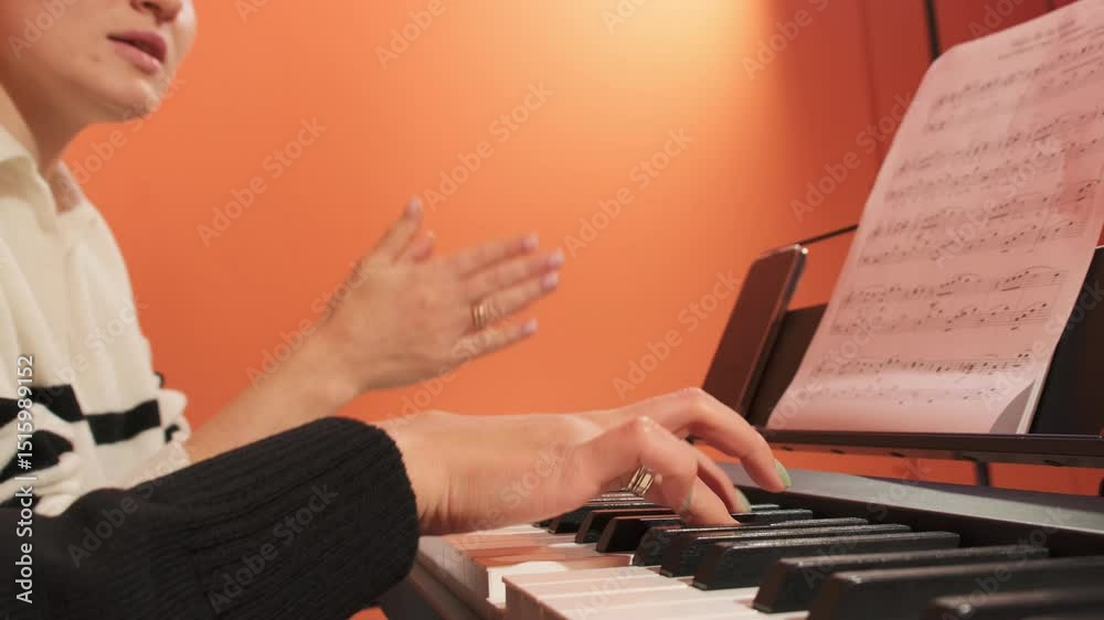 Woman employs rhythmic clapping to guide lady playing piano. Teacher helps to develop sense of timing and tempo during lesson slow motion