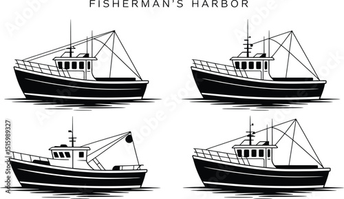 Set of fishing boats sailing on the sea near the harbor