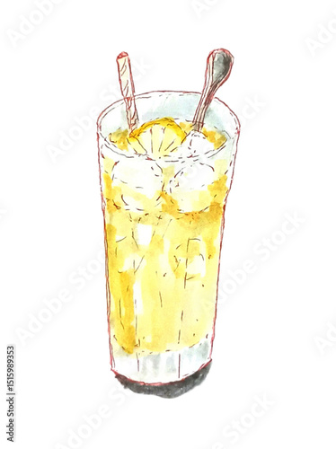 Glass of  Yuzu and Lecy Ice Tea Watercolor Illustration