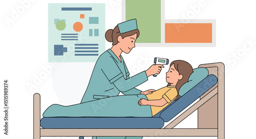 Gentle flat vector illustration of a nurse checking a young girl's temperature with a non-contact thermometer in a hospital setting. Ideal for pediatric and medical care