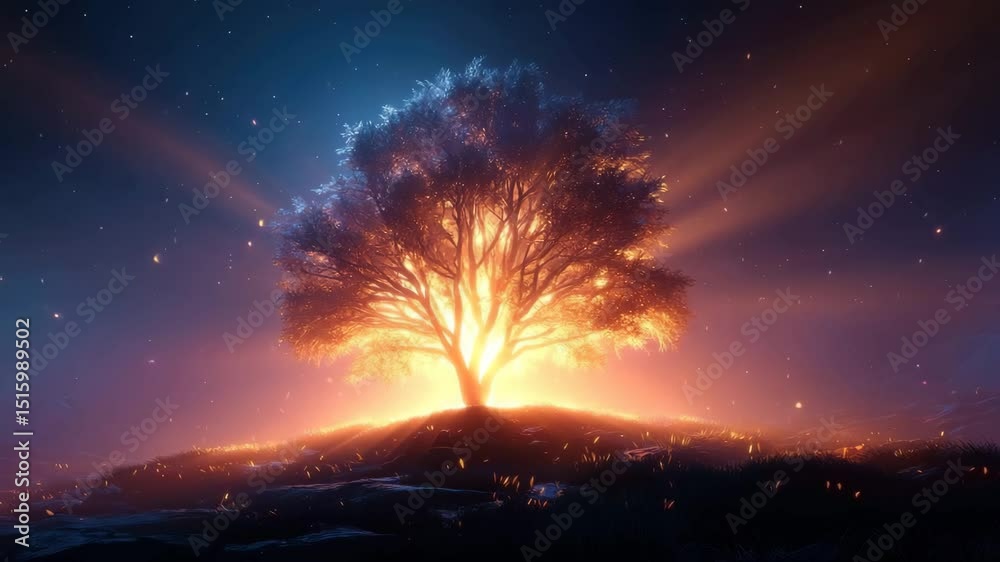 Illuminated tree on a hill at night