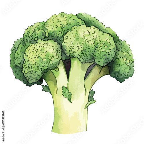 Watercolor Broccoli with Textured Florets and Stalk Detail