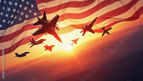 Wallpaper Mural Celebrate Air Force Day with a powerful stock photo of military aircraft silhouettes against a vibrant sunset, ideal for recruitment and patriotic projects. Torontodigital.ca
