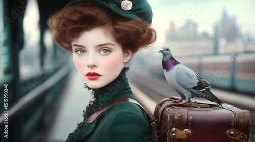 A woman in a green dress is standing next to a pigeon on a train