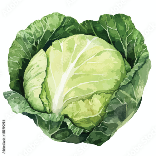 Watercolor Cabbage Head with Textured Green Leaves and Pale Center