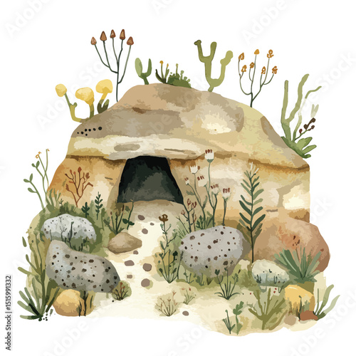 Watercolor Cave Dwelling with Lush Vegetation and Rocky Terrain