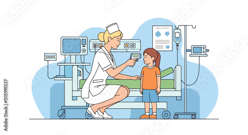 Gentle flat vector illustration of a nurse checking a young girl's temperature with a non-contact thermometer in a hospital setting. Ideal for pediatric and medical care