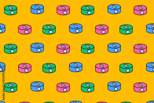 tube pencil sharpener school stationery colorful seamless pattern on yellow background. circle wrinkle pencils doodle decoration pattern background kids, school, college, science