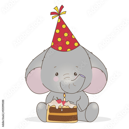 Adorable vector illustration of smiling elephant wearing colorful party hat sitting with decorated birthday cake with lit candle. Perfect for kids parties.