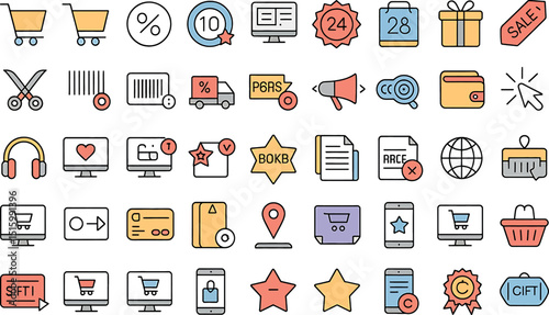 Colorful shopping and e-commerce icons representing online store and digital transactions