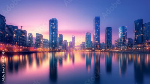 Wallpaper Mural Beautiful city skyline at twilight reflecting in the water, urban landscape with illuminated buildings during sunset, capturing the modern architecture Torontodigital.ca