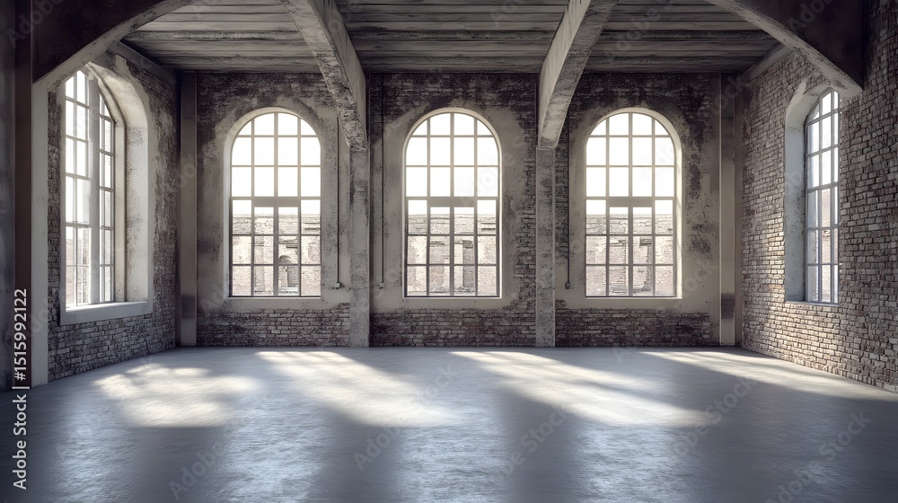Fototapeta premium Spacious industrial loft interior with large arched windows.