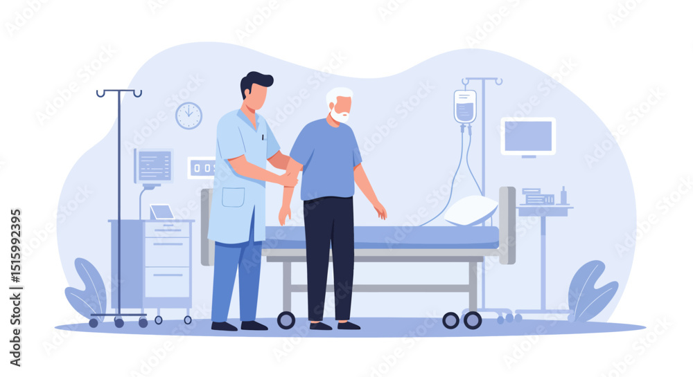 Caring flat vector illustration of a nurse assisting an elderly patient from a hospital bed. Highlights compassionate healthcare, elder care, and medical support Caring flat vector illustration of a nurse assisting an elderly patient from a hospital bed. Highlights compassionate healthcare, elder care, and medical support