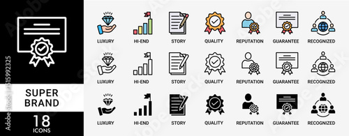 SUPER BRAND icon set with various styles and colors of luxury, hi-end, story, reputation, quality, guarantee, recognized, limited and loyalty