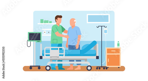 Caring flat vector illustration of a nurse assisting an elderly patient from a hospital bed. Highlights compassionate healthcare, elder care, and medical support