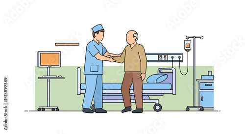 Caring flat vector illustration of a nurse assisting an elderly patient from a hospital bed. Highlights compassionate healthcare, elder care, and medical support