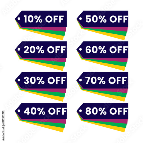 A set of eight vibrant price tag icons in dark blue with white text indicating various percentage discounts (
