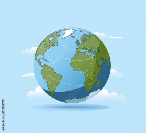 Earth Day vector illustration – Globe with continents, clouds, and eco-friendly design concept for world environment protection