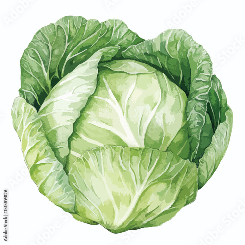 Watercolor depiction of a fresh vibrant green cabbage head