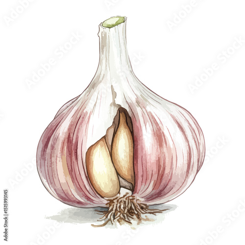 Watercolor depiction of a partially opened garlic bulb with cloves visible