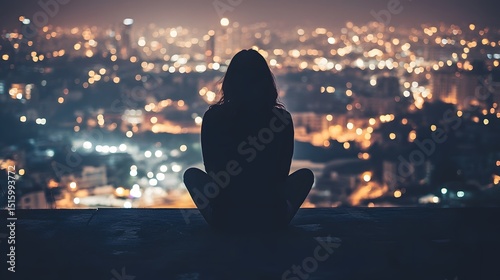 A woman sitting alone on a rooftop at night, city lights below