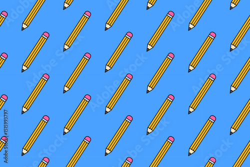 pencil with eraser school stationery colorful seamless pattern on blue background. wooden pencil with rubber doodle decoration pattern background kids, school, college, science