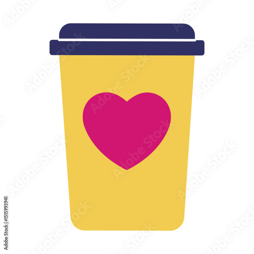 A yellow coffee cup with a purple lid