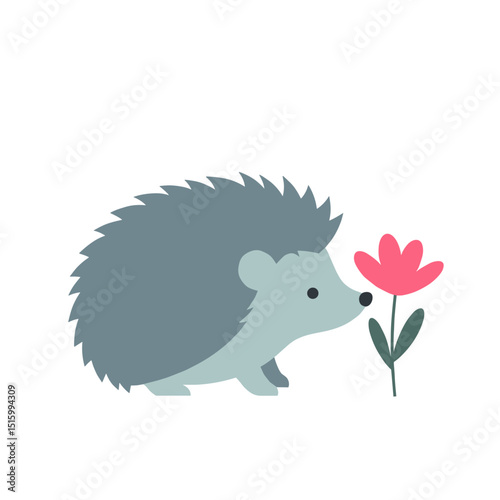 Stylized hedgehog sniffs a pink flower on white background, simple vector, cartoon, cute, and minimalistic