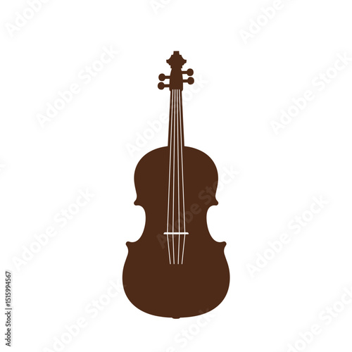 Brown silhouette of a cello or violin on white backdrop, classical stringed musical instrument, upright position