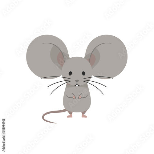 Graphic cartoon mouse with large ears, whiskers, tiny teeth, and pink paws on a white background