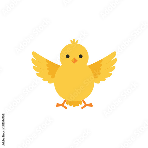 Cute yellow cartoon chick with its wings spread out on a white background