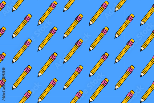 pencil with rubber bracelet school stationery colorful seamless pattern on blue background. wooden pencil with eraser doodle decoration pattern background kids, school, college, science