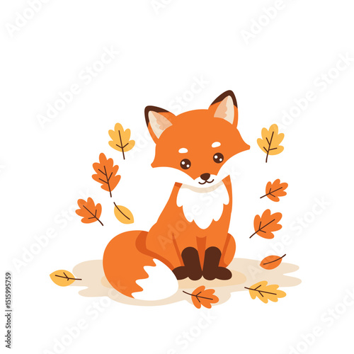 Cute cartoon fox waving hand amidst falling autumn leaves against a bright white background