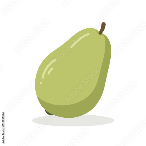 Simplistic light green pear illustration on white backdrop with small brown stem at the top