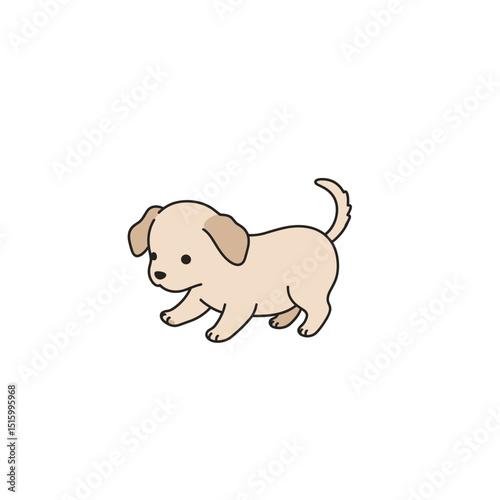 Cartoon depiction of a golden puppy trotting on a white background with a curly tail
