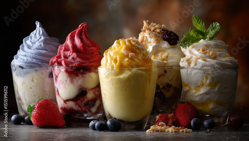 Trio of ice cream desserts in glasses