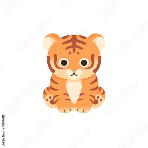 Cute cartoon tiger character sitting against a plain background, ideal for children's materials
