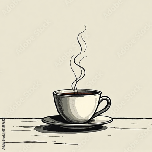 Hot coffee cup with steam rising on a simple table in a cozy and inviting atmosphere