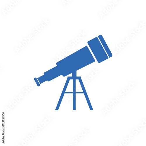 Blue telescope icon pointing upward on a tripod against a blank white background