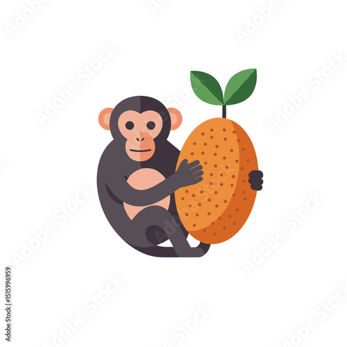 Flat vector image of a monkey holding a large orange with leaves on a white background
