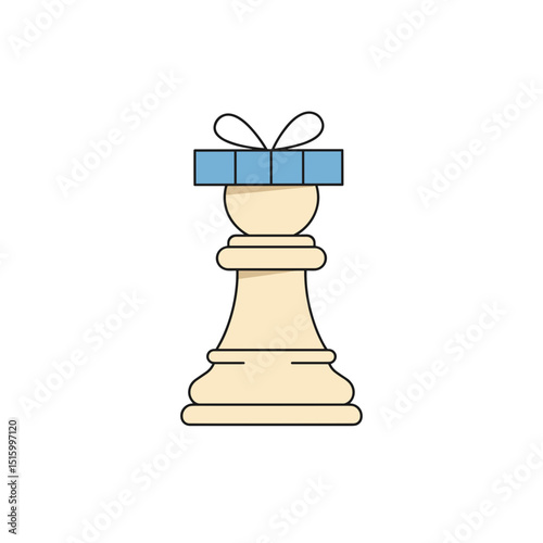 Stylized pawn chess piece wearing a blocky blue hat with ribbon ties against a stark white backdrop