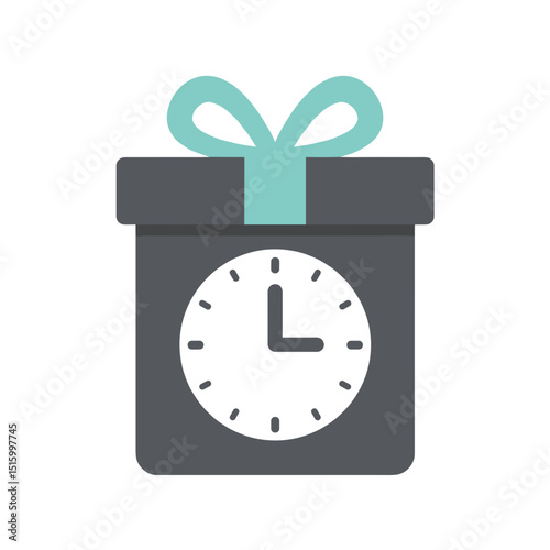 Gray gift box with clock face and light blue ribbon on white backdrop, stylized illustration