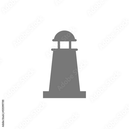 Simple, gray, cartoon lighthouse on a white background pointing up towards the top of the frame
