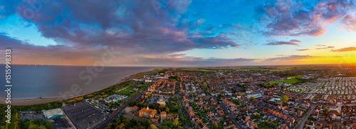 Sunset Aerial Panoramic View of the UK Seaside Skegness, a busy tourist town with something for everyone, from stunning campsites to a sunset to die for, showcases the beauty serene sunset. June 2025