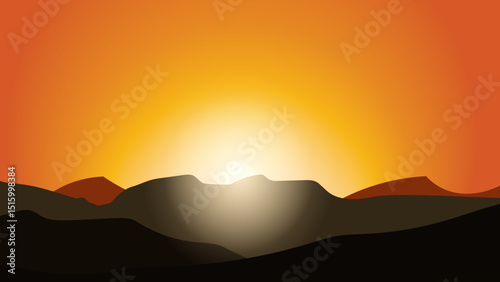Sunset over desert mountain landscape with warm orange sky and glowing sun