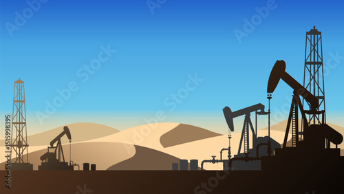 Oil pump jack and drilling rig silhouette in desert with clear blue sky