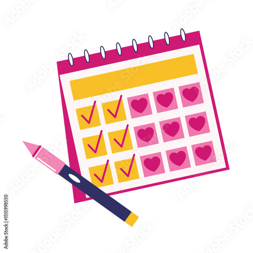 A colorful calendar with checkmarks and heart symbols.