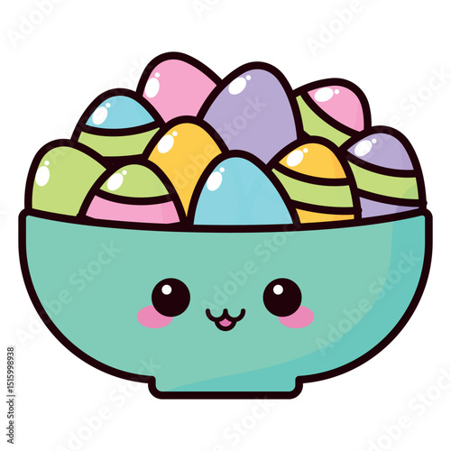 A cute cartoon bowl filled with colorful Easter eggs.
