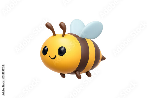 Cute cartoon bee with yellow body, brown stripes, blue wings, and smiling face, isolated on a transparent background