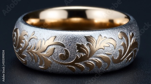 Ornate, engraved ring with gold filigree detailing. photo